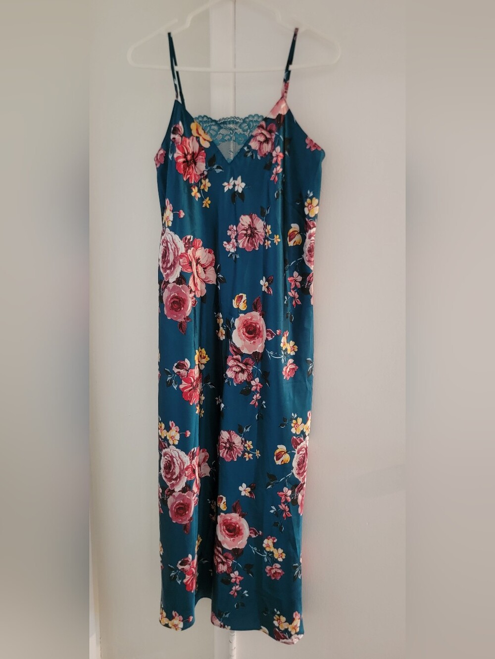 Thalia Sodi Slip Teal Floral Dress with Pink Blooms